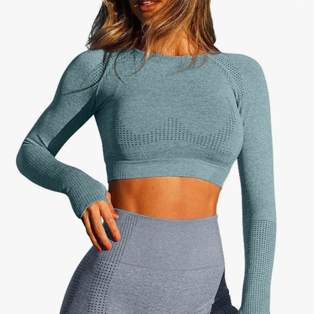 2 Seamless Long Sleeve Bodycon Athletic Crop Tops